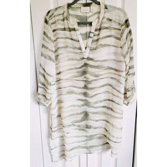 Chico's 2 Sheer Blouse Roll Tab Sleeve Shirt Animal‎ Print Side Angle V-Neck - Picture 1 of 8